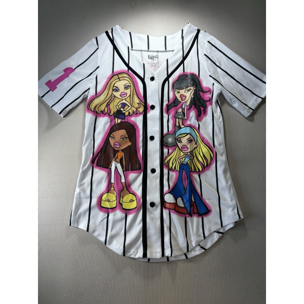Y2K Bratz Dolls Graphic Women's  Mesh Button Up Baseball Jersey Cartoon Whimsy L
